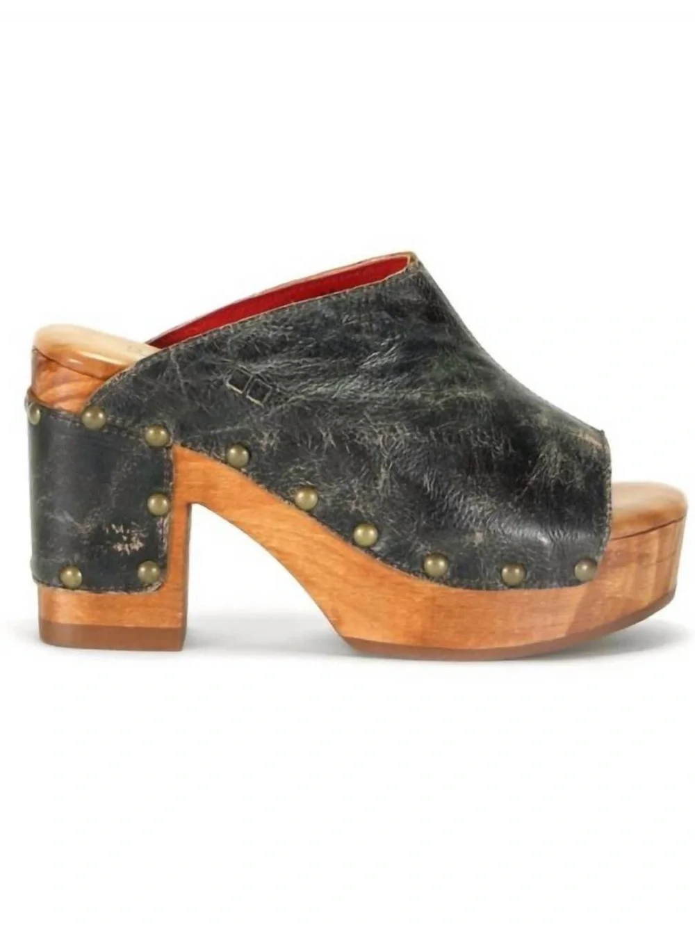 Bed Stu Deva Black Lux Leather Studded Wood Platform Clogs   NWT - Picture 2 of 5
